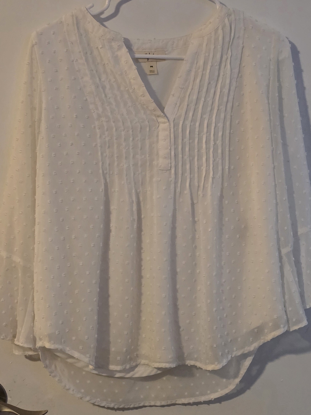 Style & Co. White Pintuck Swiss Dot Peasant Blouse